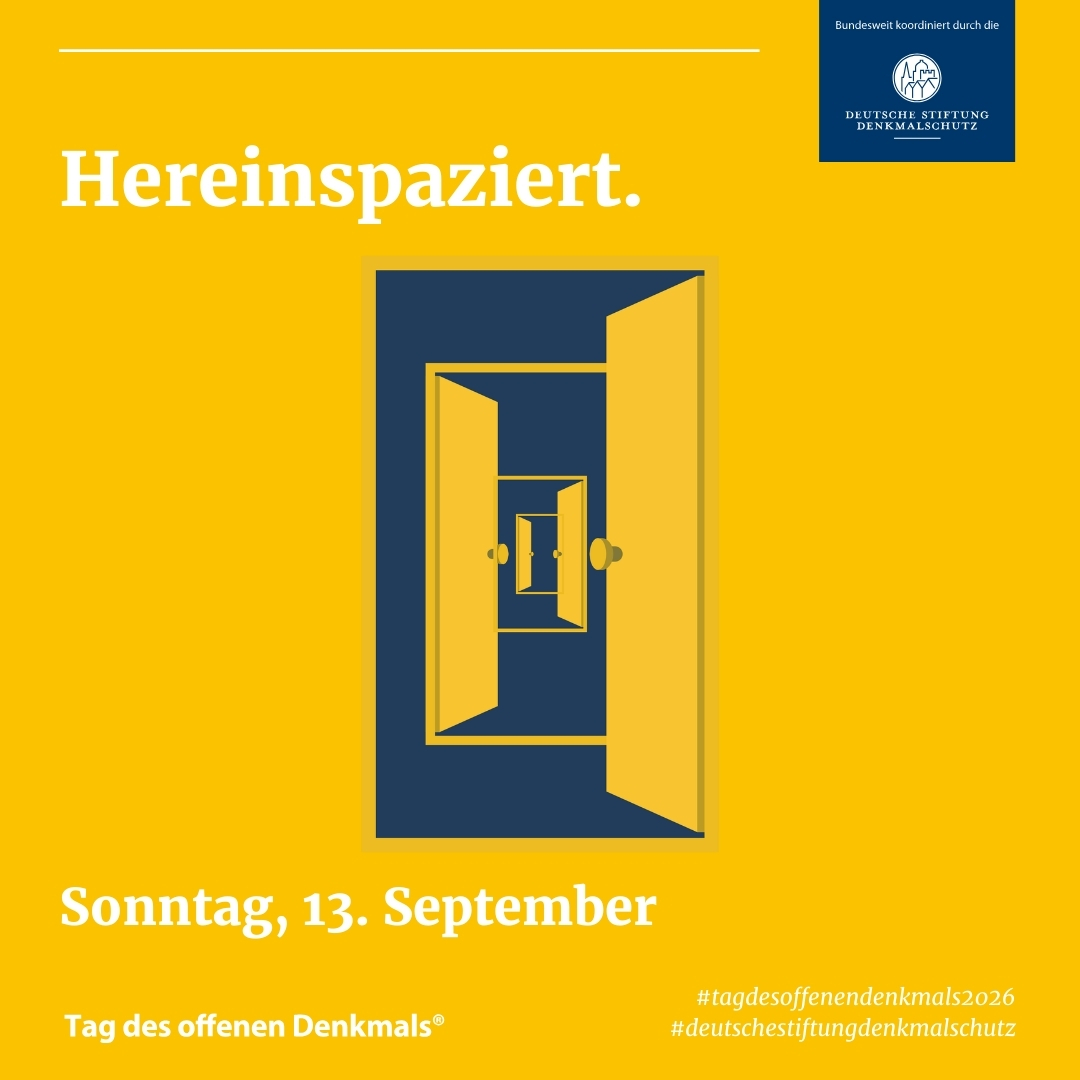 In der Mitte sich öffnende Türen, blau auf gelb. Darüber weiß auf gelb der Schriftzug Hereinspaziert.". Darunter das Datum "Sonntag, 13. September"